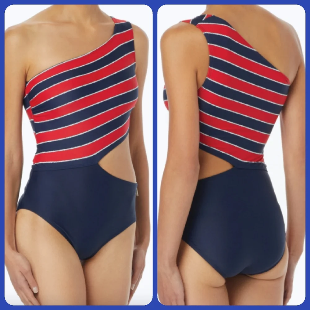 🌷3/$20🌷*HP* NWOT Michael Kors Red/Navy Cutout Swimsuit - Picture 2 of 5